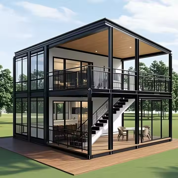 A compact, modern prefab structure with a dark facade and large glass panels, featuring a wooden deck, nestled in a natural, possibly wooded, setting.