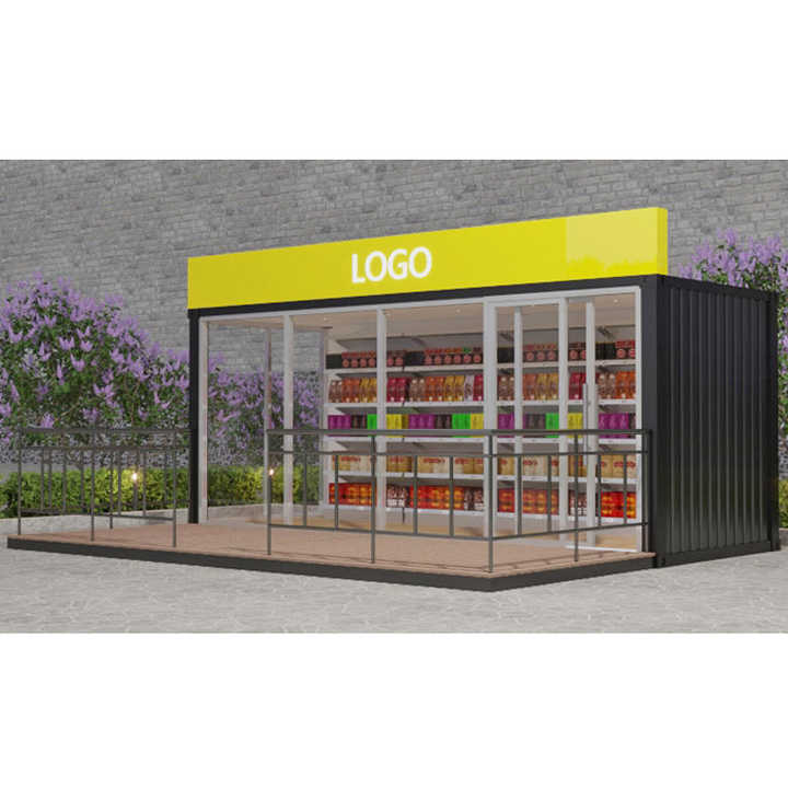 A contemporary modular retail kiosk with a dark container-like structure, a bright yellow roof with a 'LOGO' sign, and glass display windows, set on a paved area with some greenery.
