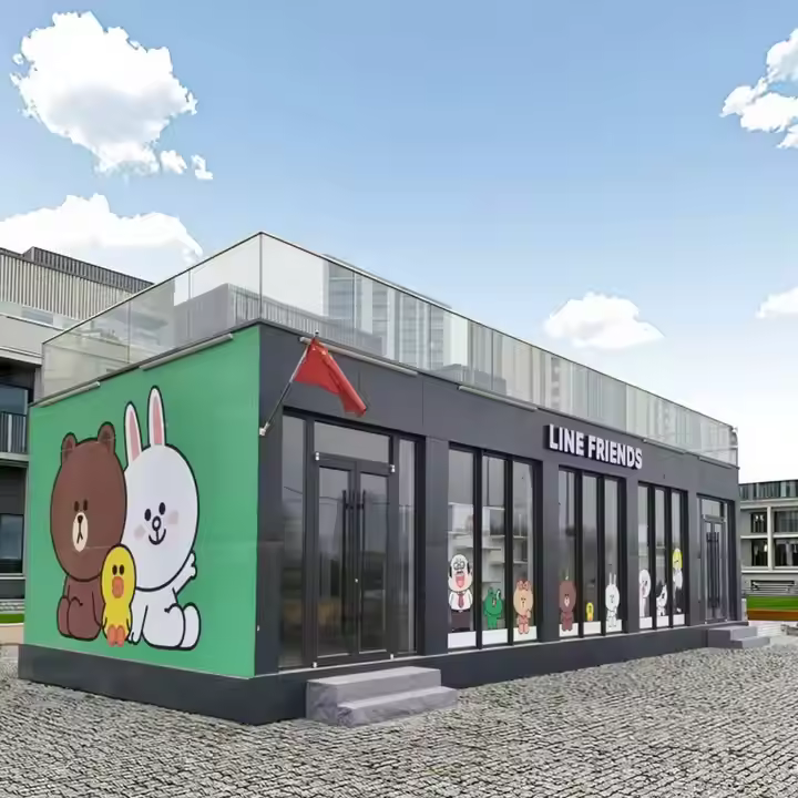 A sleek, dark-colored modern prefab building with large windows and a small outdoor patio area, situated in a green, open field under a clear sky.